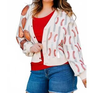 NEW QUEEN OF SPARKLES stripe baseball & glove cardigan in grey & white